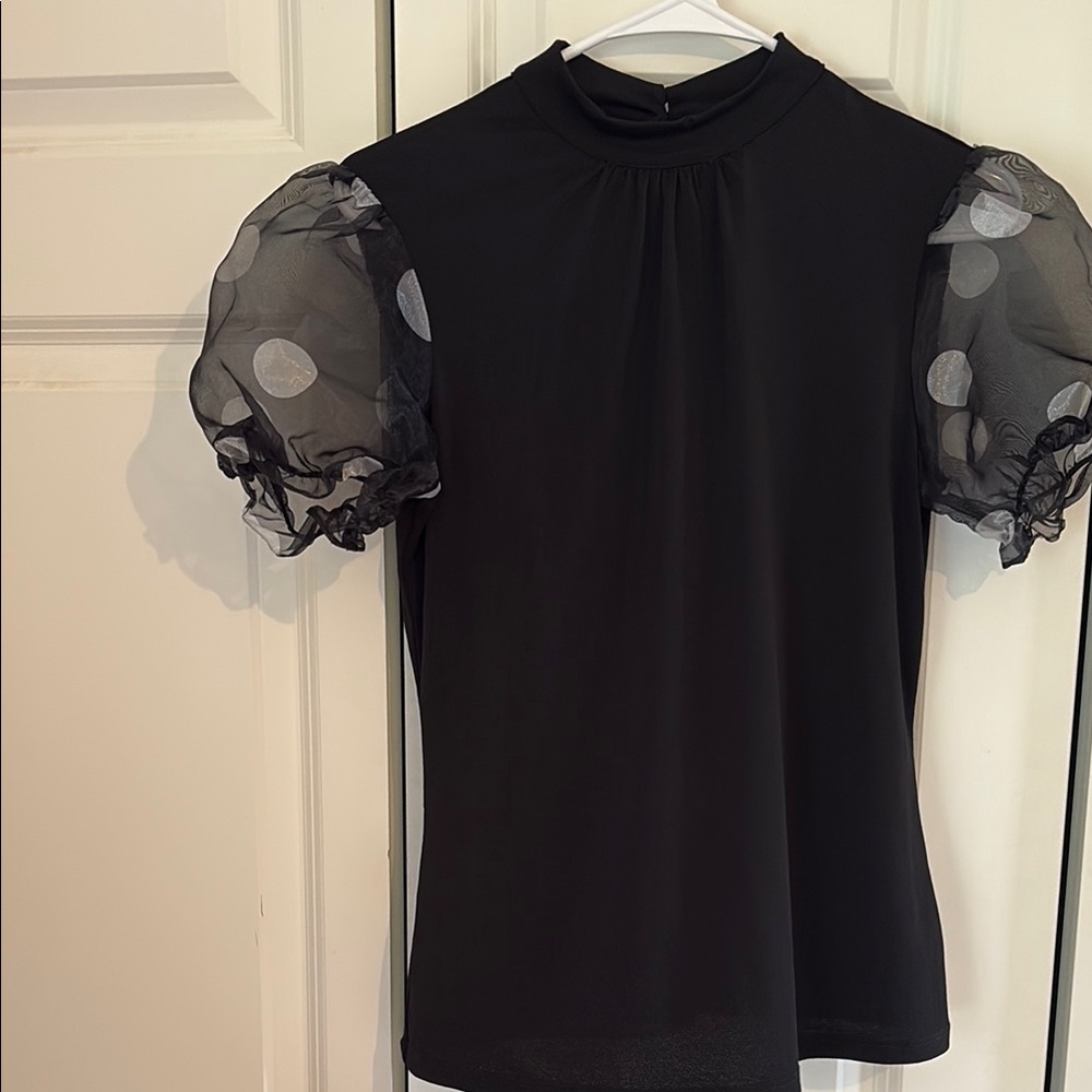 Luxology Elegant Black Top with Sheer Polka Dot Sleeves - Size Small